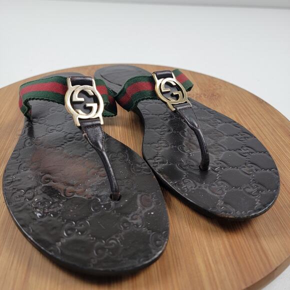 Gucci GG Web Stripe Thong Sandal Dark Brown Monogram Women’s EU 41 US 10 - Picture 7 of 15